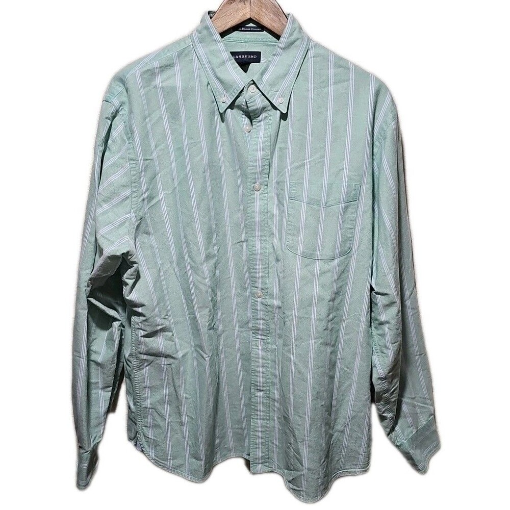 Lands End Mens L 16 16.5 Green White Stripe Sail Rigger Oxford Button Shirt